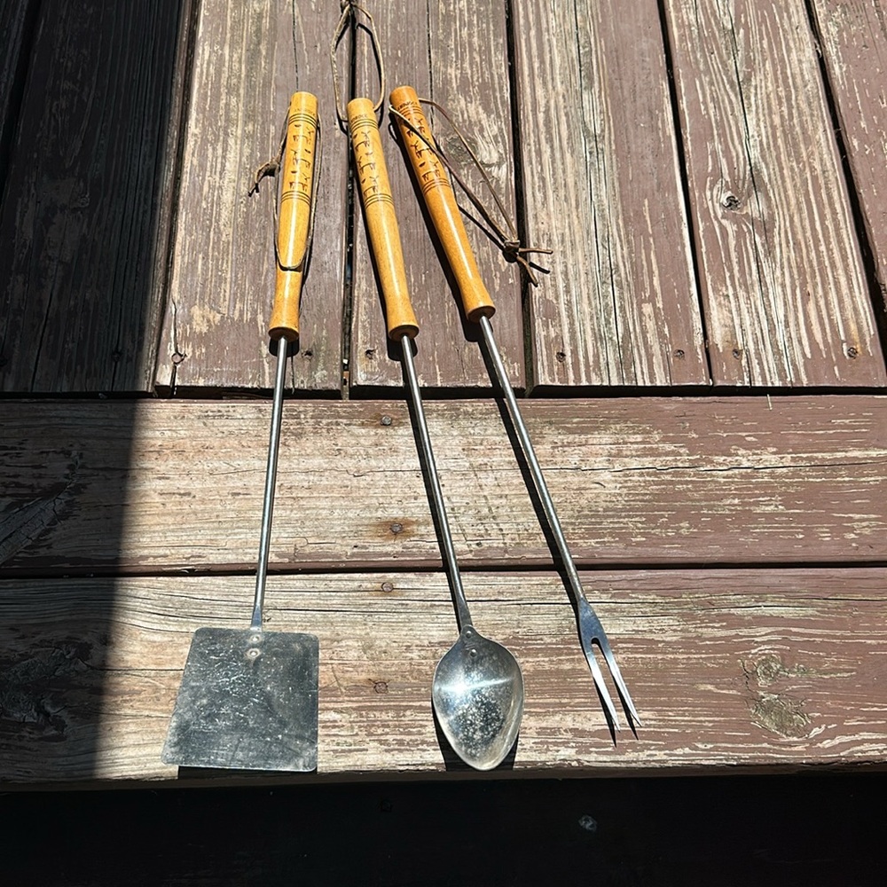 Vintage Androck Stainless Steel BBQ Spatula Spoon and Fork Set Wooden Handles